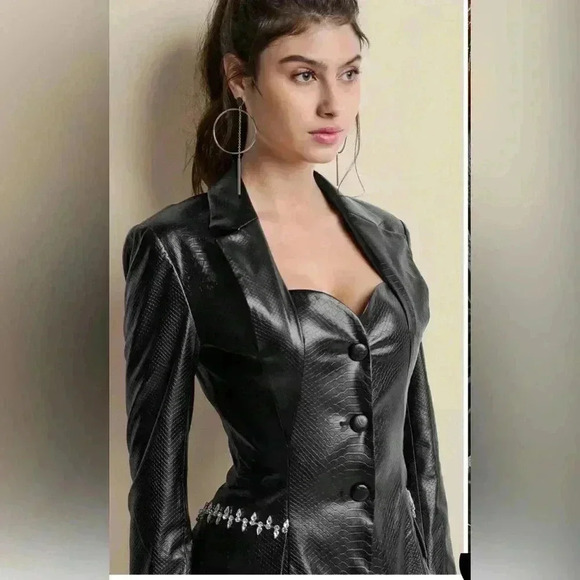 Chic Black Leather Jacket.
Snake Embossed Faux Leather Embellished Blazer - Picture 4 of 17